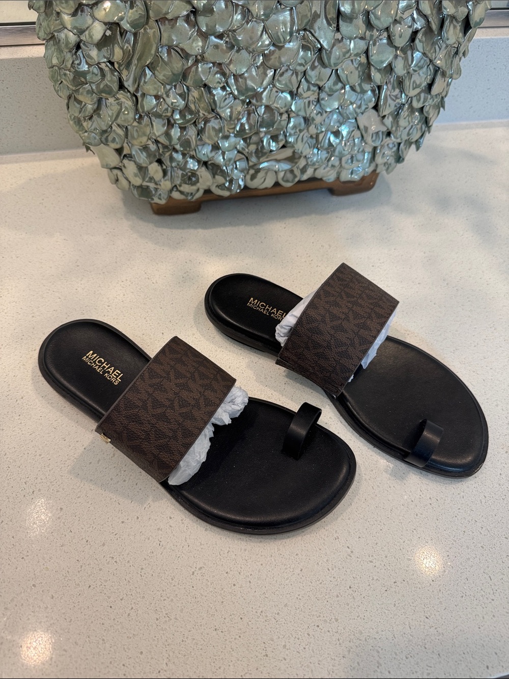 MICHAEL Michael Kors Black Footbed Brown Logo Strap Slide Sandals